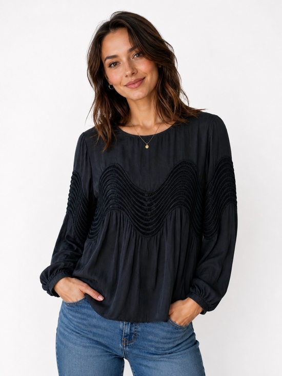 Mustard Seed Tops - Mustard Seed Black Scoop Neck Blouse with‎ Gentle Gather